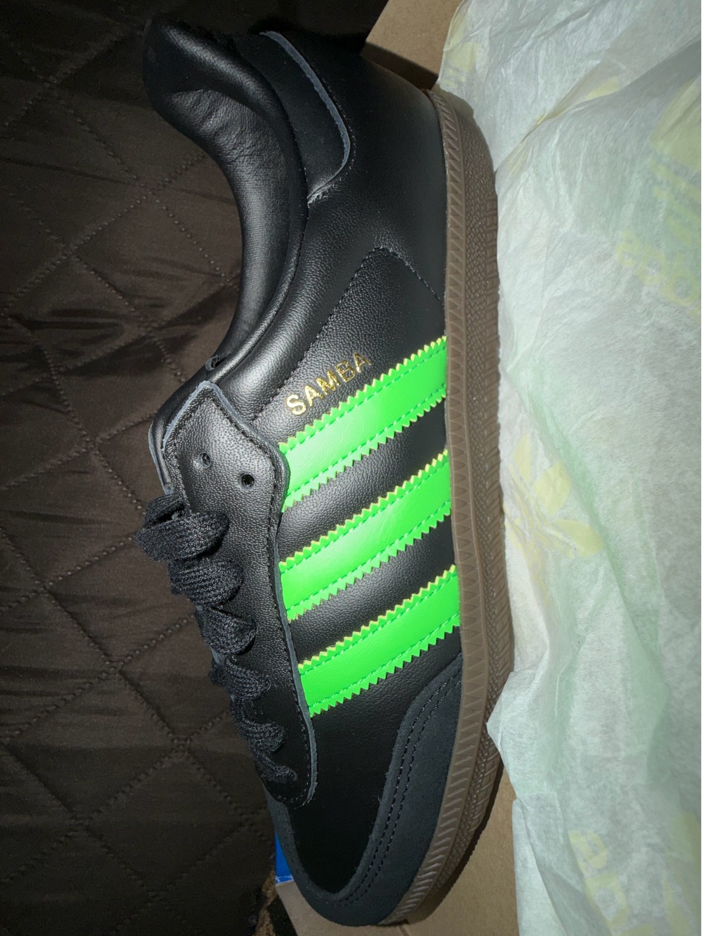 adidas Samba Black with Neon Green Stripes - Picture 1 of 6